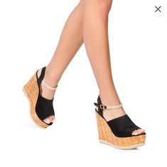 This Faux-Suede Stunner Features A Raffia Platform That's A Great Match For Your More Casual Occasions. Material: Just Rope, Faux-Suede And Raffia. Color: Black Feels Like: 3.75" Outside Wedge Height: 5.5" Platform Height: 1.75" Fit: True To Size Closure: Adjustable Buckle Size 7.5 Trendy Suede Wedge Heels, Spring Party Suede Wedge Sandals, Black Suede Wedge Sandals, Spring Suede Wedge Sandals For Parties, Black Suede Wedge Sandals For Summer, Summer Wedges, Tan Wedges, Brown Wedges, Leather Platform Sandals