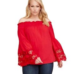 Lane Bryant Size 14/16 1x Top Off Shoulder Crochet Red Bell Flare Sleeve Smocked Red Lace Trim Tops For Spring, Off Shoulder Crochet, Red Bell Sleeve Top, Wholesale Clothing Suppliers, Womens Long Sleeve Shirts, Crochet Trim, Linen Clothes, Wholesale Clothing, Wholesale Fashion