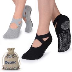 two pairs of women's socks with different patterns and colors, one in grey the other in black