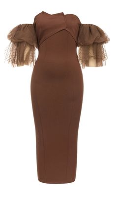 OFF-SHOULDER RUFFLED MIDI DRESS IN BROWN Elegant Brown Puff Sleeve Dress, Fitted Brown Off-shoulder Dress, Brown Off-shoulder Evening Dress, Brown Fitted Off-shoulder Dress, Brown Ruffled Midi Dress For Party, Brown Ruffled Knee-length Midi Dress, Brown Knee-length Ruffled Midi Dress, Fitted Brown Midi Dress With Ruffles, Fitted Brown Dresses With Ruffles