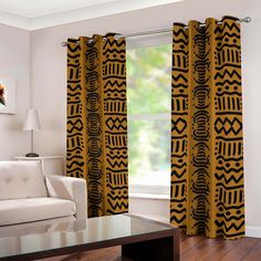 African Kuba Print Grommet Window Curtain - 2-Piece Set African Curtains, Indoor Outdoor Bathroom, Outdoor Bathrooms, Printed Carpet, African Mud Cloth, African Prints, Canvas Decor, Round Area Rugs, Grommet Curtains