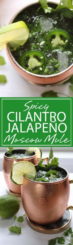 two copper bowls filled with green salsa and limes on top of a white table