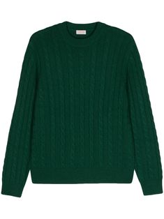 forest green wool-cotton blend cable knit crew neck long sleeves ribbed cuffs and hem Dark Green Cable Knit Sweater, Green V-neck Cable Knit Sweater, Green Cable Knit Long Sleeve Tops, Mens Cable Knit Sweater Green, Forest Green Mens Sweater, Cable Knit Jumper, Balenciaga Triple S, Green Wool, Custom Watch