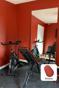 there is a bike and exercise equipment in the room with red walls on either side