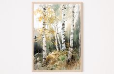 a watercolor painting of birch trees in the fall with yellow and green leaves on them