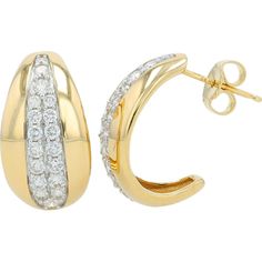 14K Yellow Gold J-Hoop Earrings with Round Diamonds - 1.00 Carats Total Diamond Weight Modern Hoop Earrings, Yellow Gold Diamond Earrings, European Market, Diamond Birthstone, Hoop Design, Yellow Gold Jewelry, Gold Diamond Earrings, Diamond Hoop Earrings, Yellow Gold Earring