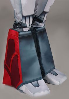 the legs and feet of a person in futuristic garb with red, white and blue accents