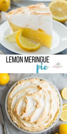 lemon meringue pie with sliced lemons on the side