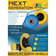 the next generation multi terrain wheels are available in multiple colors and sizes, including yellow or blue