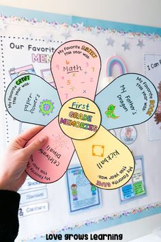 a person holding up a paper flower with the words, first grade memories on it