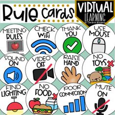 a poster with words and pictures on it that say,'rules cards for learning