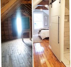 there are two pictures of an attic with wood floors and white walls, one is empty