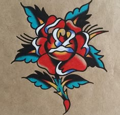 a drawing of a rose with blue and red wings on it's back side