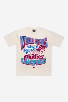 A must have for any Phillies fan. Materials & Care• 100% combed cotton• Machine wash with similar colours and tumble dry on a low setting or hang to dry Features• Officially licensed MLB merchandise• Print on front chest• Heavyweight• Wide neck ribbing• Preshrunk for minimal shrinkage• Unisex sizing• Relaxed, oversized fit World Series Shirts, Phillies Shirt, All Nfl Teams, Vintage Cocktail, Wnba, Philadelphia Phillies, Cut Tshirt, World Series, Sales Gifts