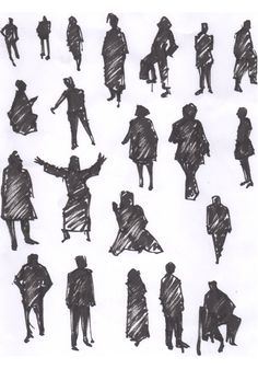 a drawing of people walking down the street with umbrellas on their heads and arms outstretched