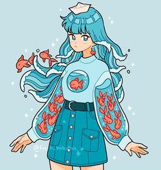 a drawing of a girl with blue hair and fish on her arm, wearing a dress