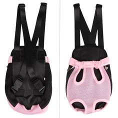 two views of the back and side of a dog's harness, one in pink