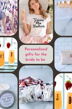 personalized gifts for the bride to be are displayed in this collage with images