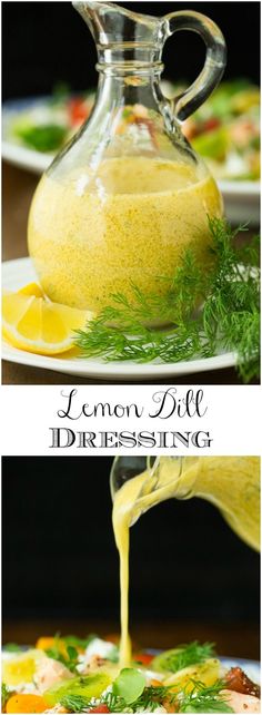 lemon dill dressing being drizzled onto a plate