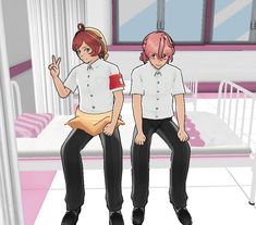 two anime characters are sitting on a bed in a room with pink walls and flooring