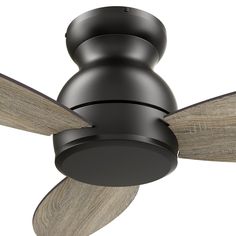 a black ceiling fan with two wooden blades on it's blades and a light brown blade