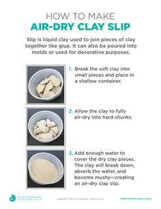 instructions for how to make an air dry clay slip with pictures and text on it