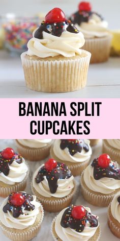 banana split cupcakes with chocolate frosting and sprinkles on top