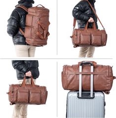 three pictures of a person carrying a brown bag