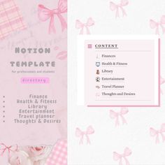 a pink and white brochure with bows on it