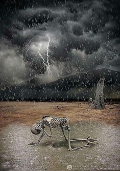 a black and white photo of a skeleton in the middle of a field with a lightning behind it