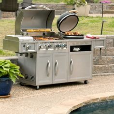 an outdoor grill next to a swimming pool