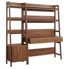 a wooden bookcase with drawers and shelves