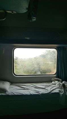 there is a window in the side of a train car that looks out on trees