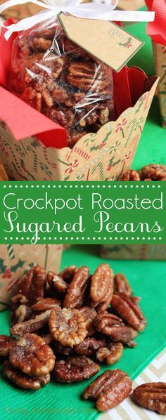 a box filled with chopped roasted sugared pecans on top of a green table cloth