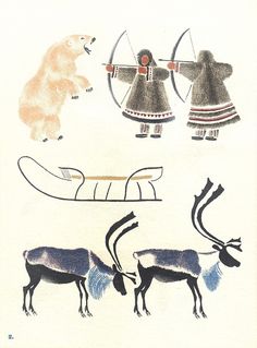 an image of some animals and people in native american art style clothing with arrows on their backs