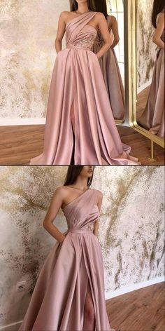 One Shoulder A Line Satin Slit Prom Dress with Pockets,SFPD0184 – SofieBridal Ankle Length Prom Dress, Dress Soiree, Prom Dress With Pockets, Mermaid Midi Dress, Prom Midi Dress, Prom Dresses With Pockets, Dress Party Night, Angel Dress