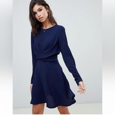 Adorable Skater Dress In Navy With Twist Detail In Front. Long Sleeves. New With Tags In Size 8. Boohoo Twist, Event Attire, Business Clothes, Short Long Dresses, Long Sleeve Skater Dress, Dark Blue Dress, Boohoo Dresses, Lace Dress With Sleeves, Fashion Stores