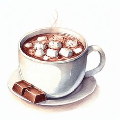 a drawing of a cup of hot chocolate with marshmallows on the side