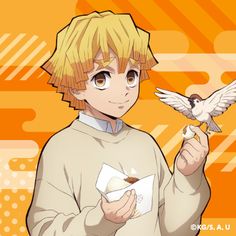 an anime character holding a bird in one hand and a piece of paper in the other