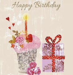 a happy birthday card with a cupcake and gift