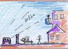 a child's drawing of two houses and a boat