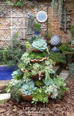 an assortment of plants in pots on the ground near a wall with a blue and white tile