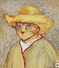 a painting of a cat wearing a yellow hat with blue eyes and an orange shirt