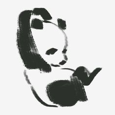 a black and white drawing of a panda bear with its paw up to the side