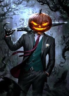 a man in a suit and tie with a pumpkin on his head holding a hammer