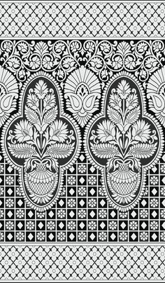 an intricate black and white pattern with flowers on the border, is shown in this image