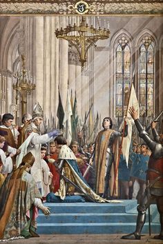 an old painting shows people in medieval clothing and holding flags while others stand around them