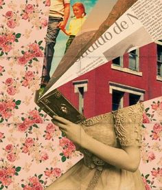 a collage of photos with flowers and people in the background, including an image of a woman reading a book