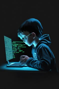 a young boy using a laptop computer with green text on the screen and dark background