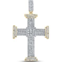 GND 10K Yellow Gold Cross Pendant with Channel-Set Baguette and Prong-Set Round Diamonds - 1.87 Carat Total Diamond Weight Gold Cross Pendant, Diamond Cross Pendants, Baguette Cut Diamond, Signature Jewelry, Diamond Cross, Cross Jewelry, Gold Cross, Cross Charms, Baguette Diamond